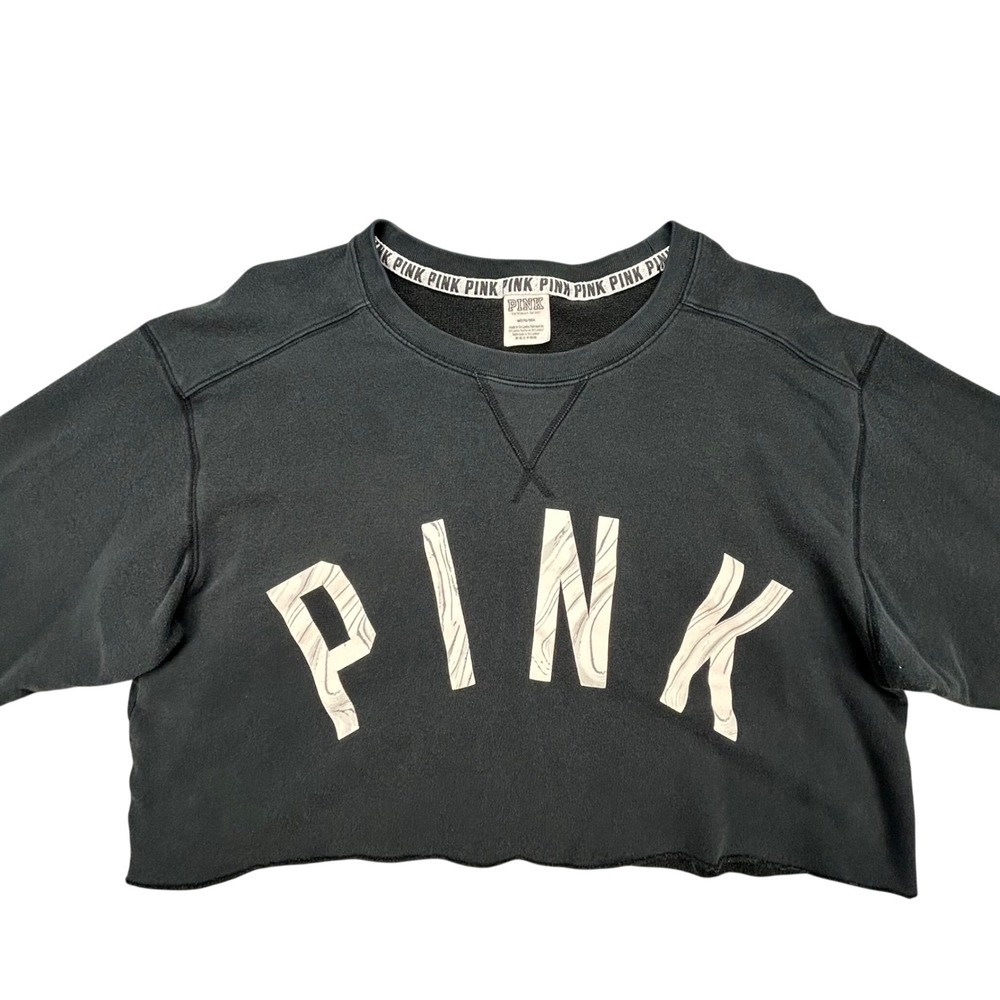 PINK Victoria's Secret Cropped Sweatshirt Womens M Black Marble Logo Raw Hem